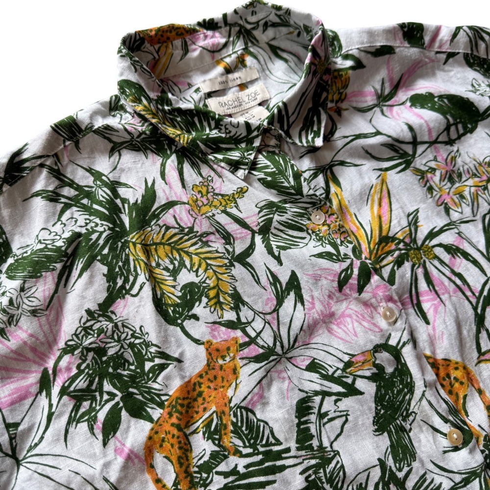 Rachel Zoe Womens 100% Linen Tropical Cheetah Toucan Print Button Up Shirt M